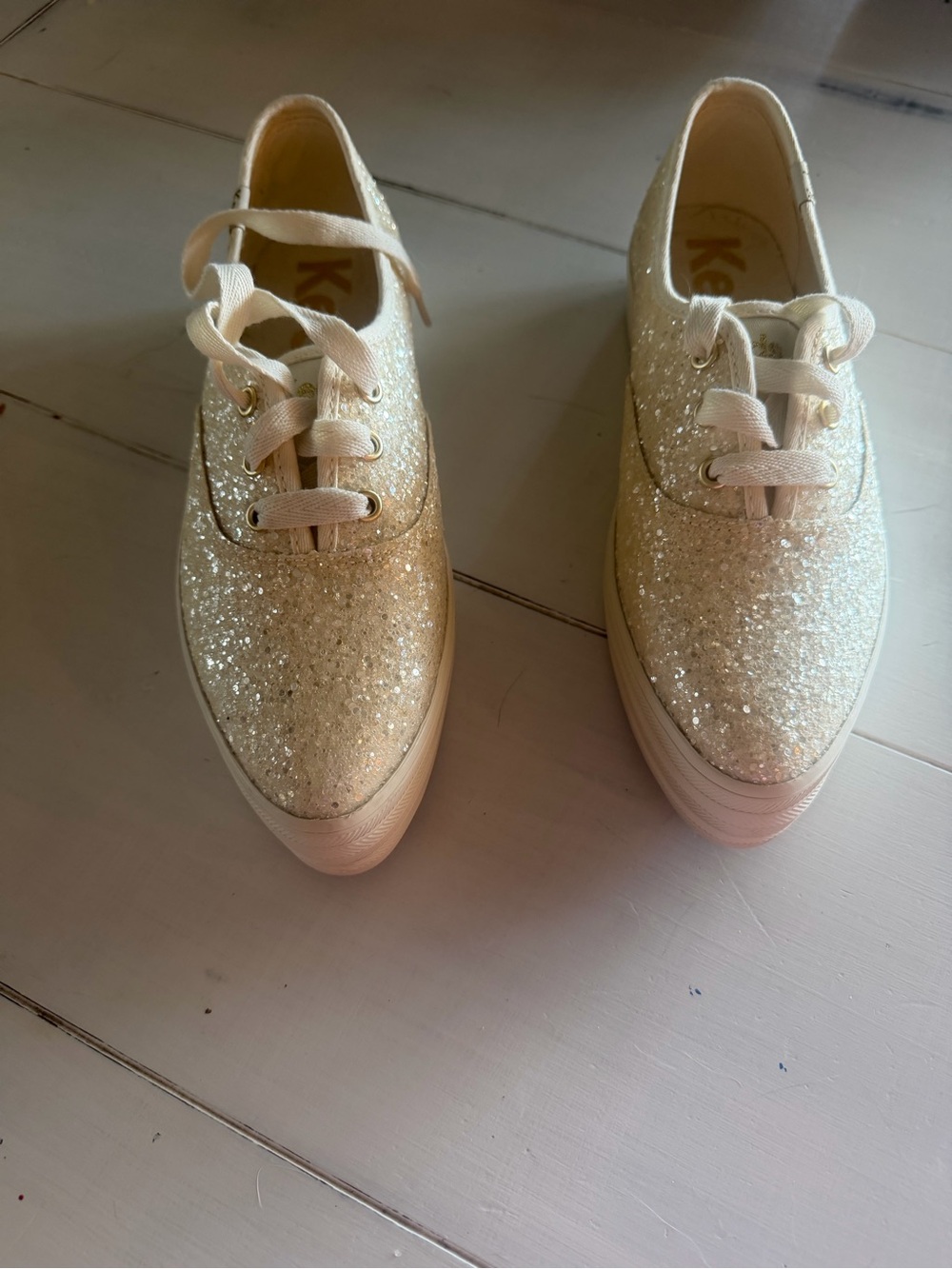 Keds Cream Glitter Platform Sneakers Size 7 Bridal Coquette Y2K Balletcore Point